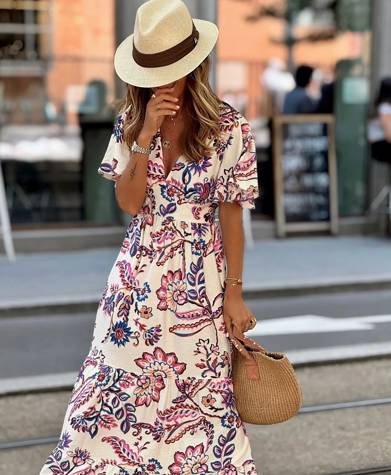 V-neck Waist Printed Ruffled Midi Dress - Image 5