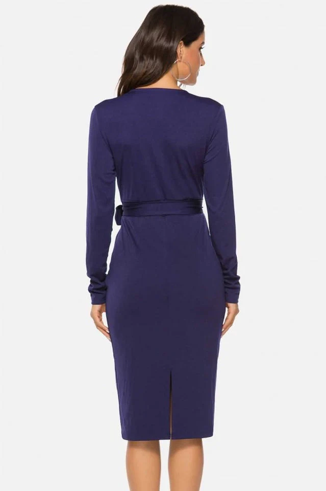 V Neck Wrap Tied Waist Slit Dress - Image 2