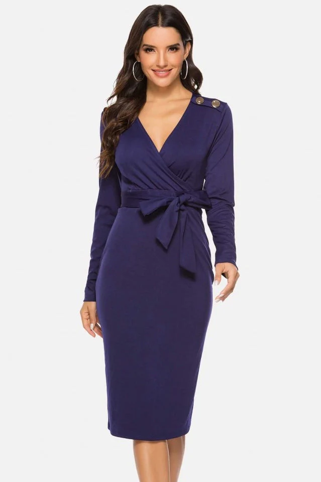V Neck Wrap Tied Waist Slit Dress - Image 3
