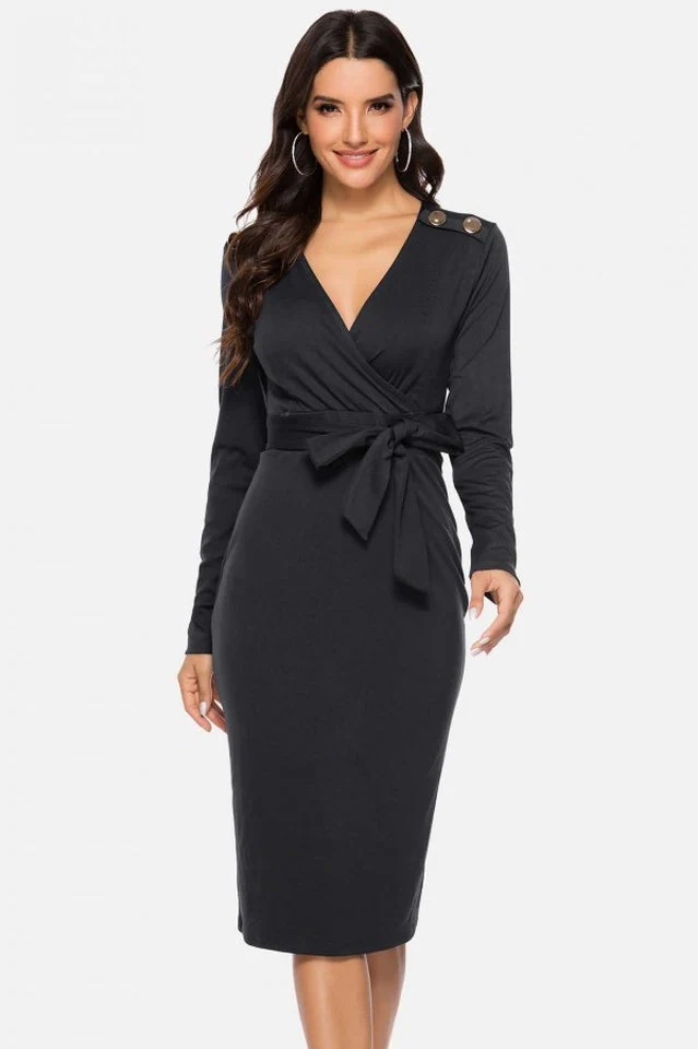 V Neck Wrap Tied Waist Slit Dress - Image 6