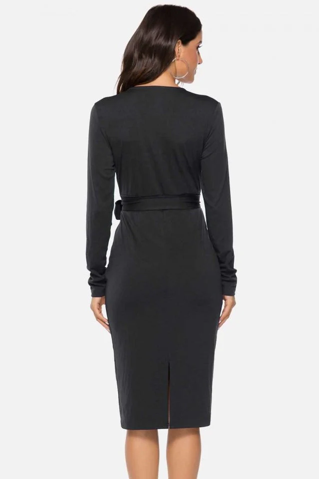 V Neck Wrap Tied Waist Slit Dress - Image 8