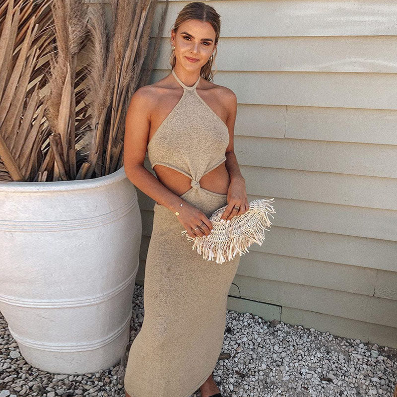 Vacation Ready Halter Neck Cut Out Side Sweater Maxi Dress - Khaki - Image 3
