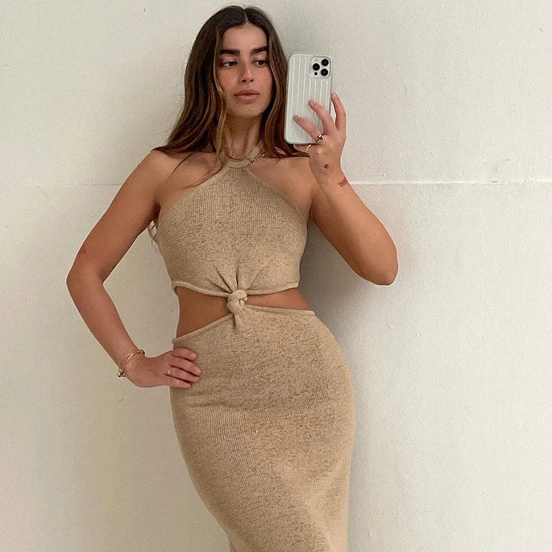 Vacation Ready Halter Neck Cut Out Side Sweater Maxi Dress - Khaki - Image 4
