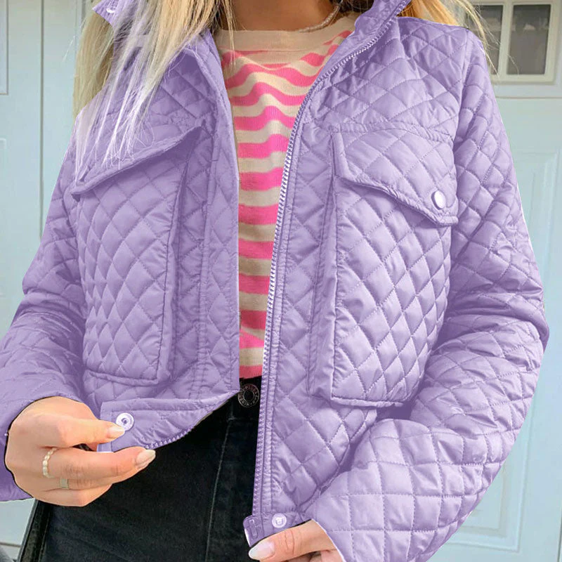 Versatile Collar Flap Pocket Long Sleeve Diamond Quilted Jacket - Purple - Image 2