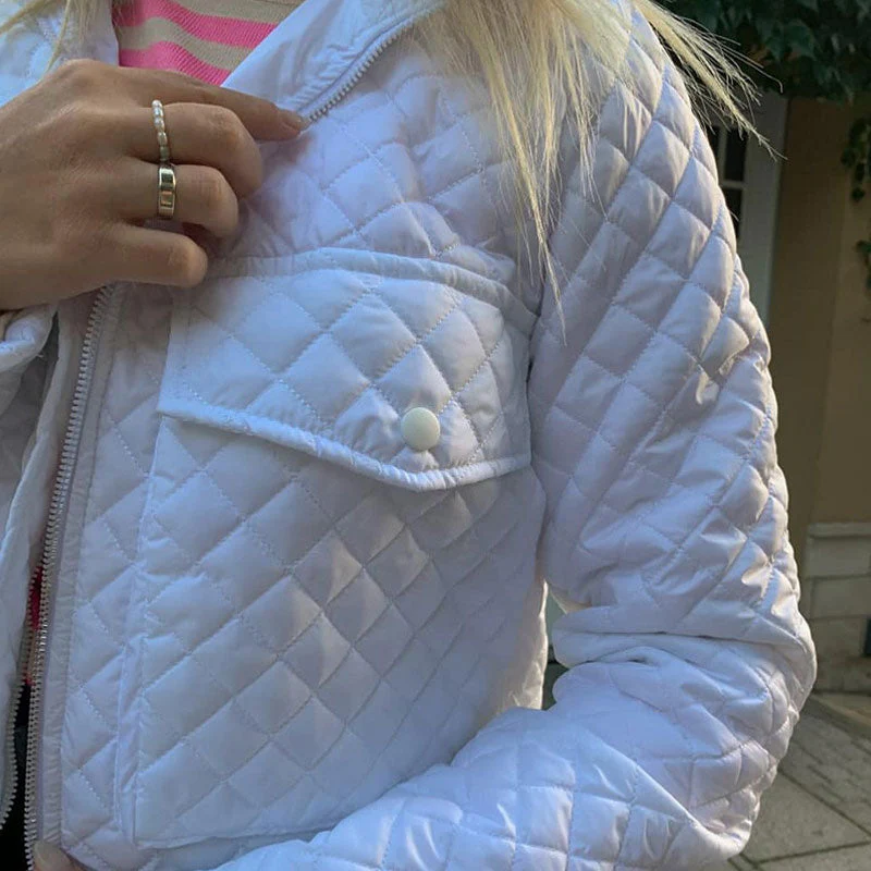 Versatile Collar Flap Pocket Long Sleeve Diamond Quilted Jacket - White - Image 3