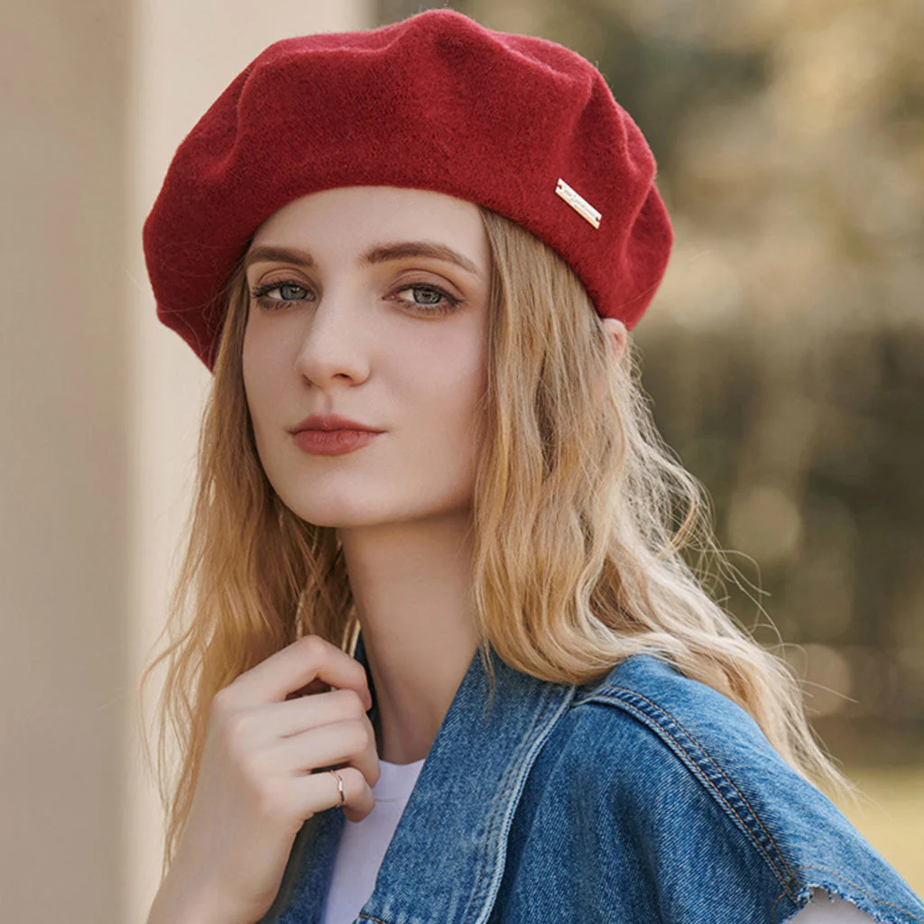 Versatile Metallic Accent Solid Color Wool Blend Classic Beret - Image 5