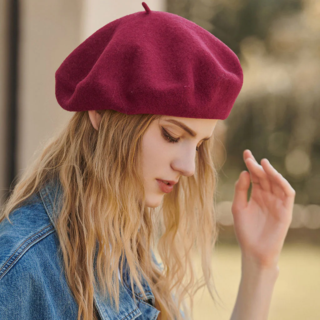 Versatile Metallic Accent Solid Color Wool Blend Classic Beret - Image 7