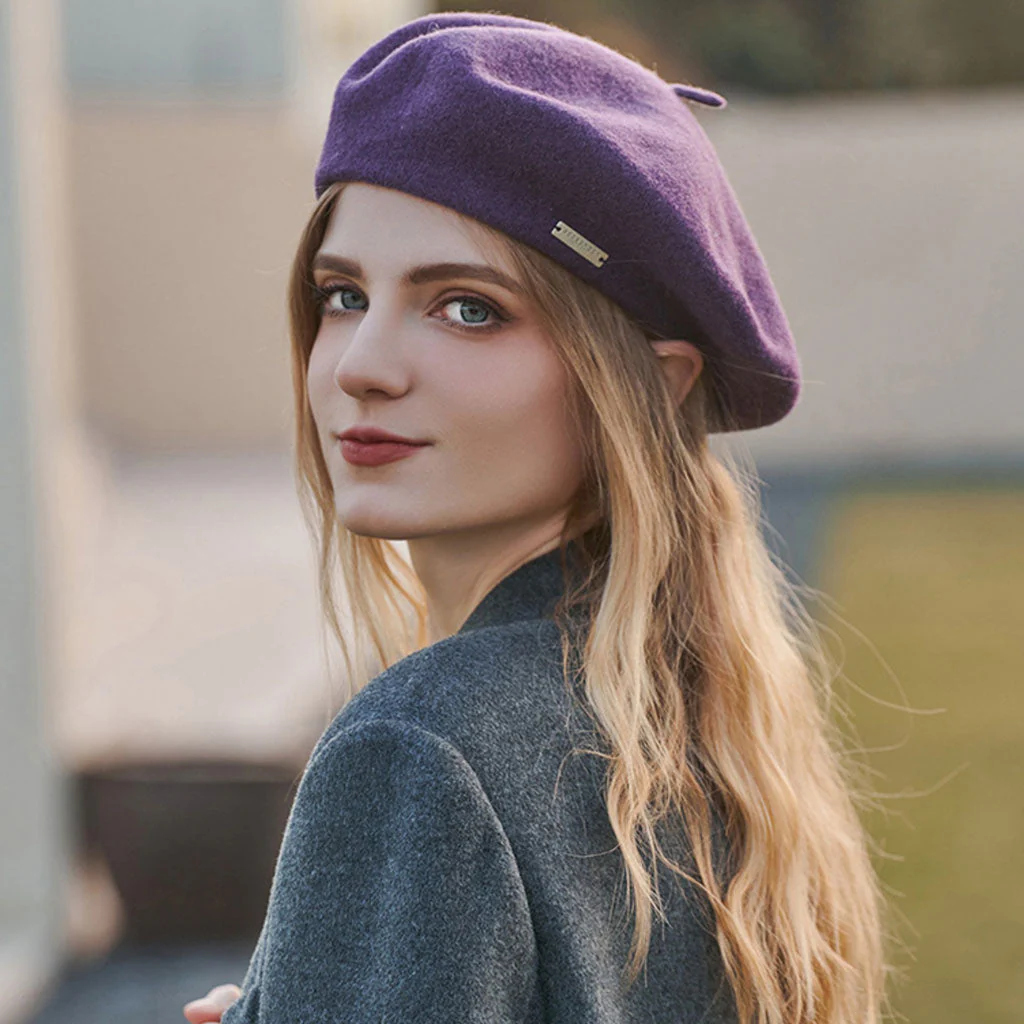 Versatile Metallic Accent Solid Color Wool Blend Classic Beret - Image 8