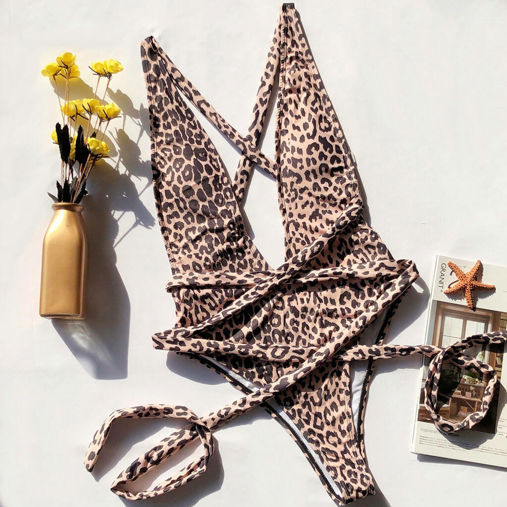 Versatile Multi-Way High Cut Low Back One Piece Swimsuit - Leopard - Image 3