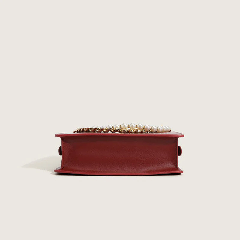 Versatile Peal Trim Chunky Chain Zip Top Leather Shoulder Bag - Red - Image 3