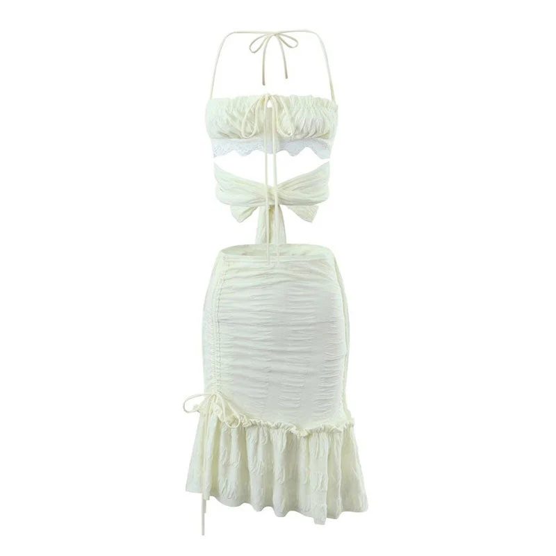 Versatile Ruched Ruffle Halter Top Drawstring Mini Skirt Matching Set - Beige - Image 5