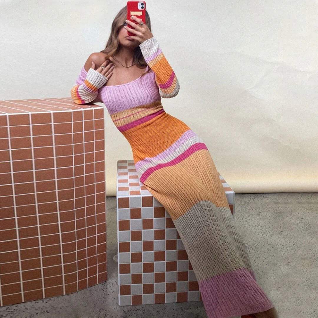 Versatile Striped Long Sleeve Crochet Knit Maxi Dress - Multicolor - Image 2