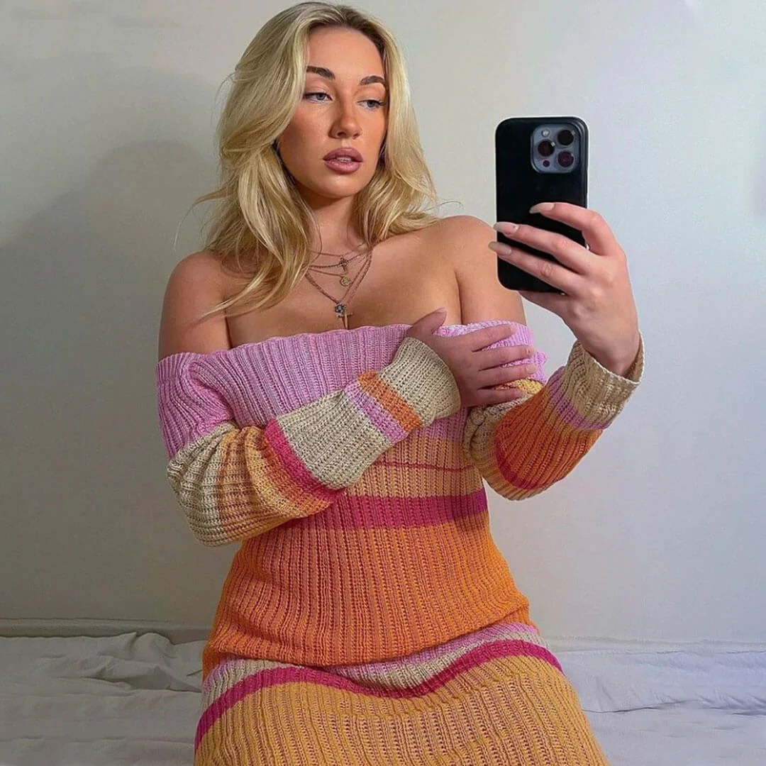 Versatile Striped Long Sleeve Crochet Knit Maxi Dress - Multicolor - Image 3