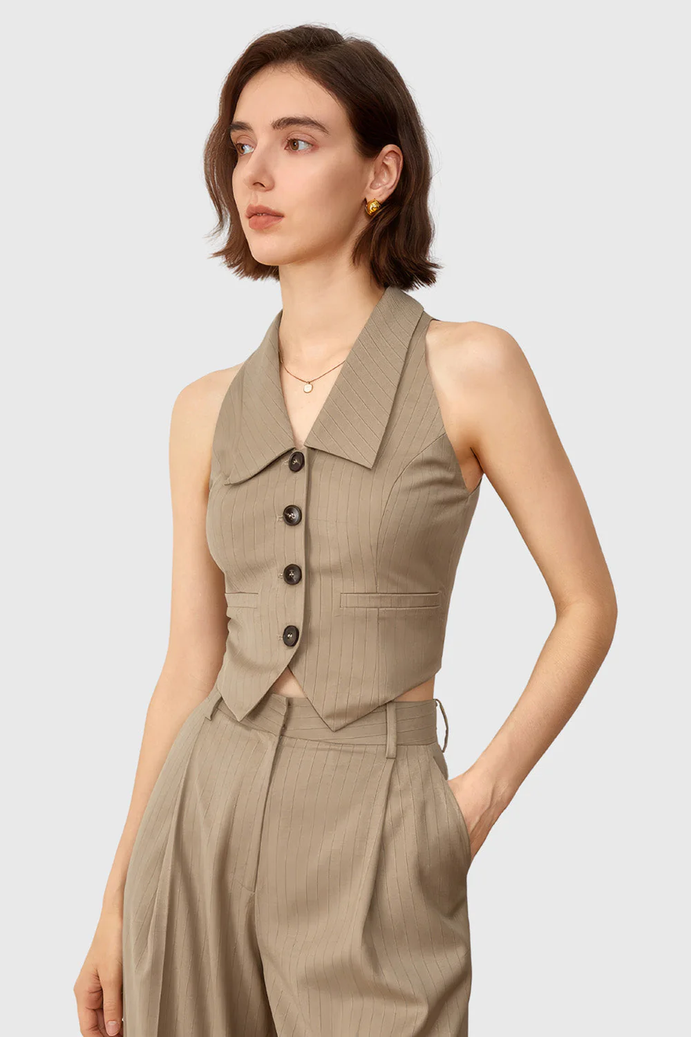 Vest with Collar - Brown - Image 3