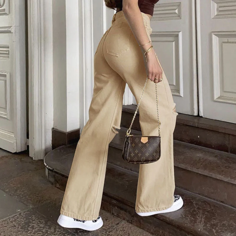 Vibrant '90s Cut Out High Waist Straight Leg Jeans - Khaki - Image 3