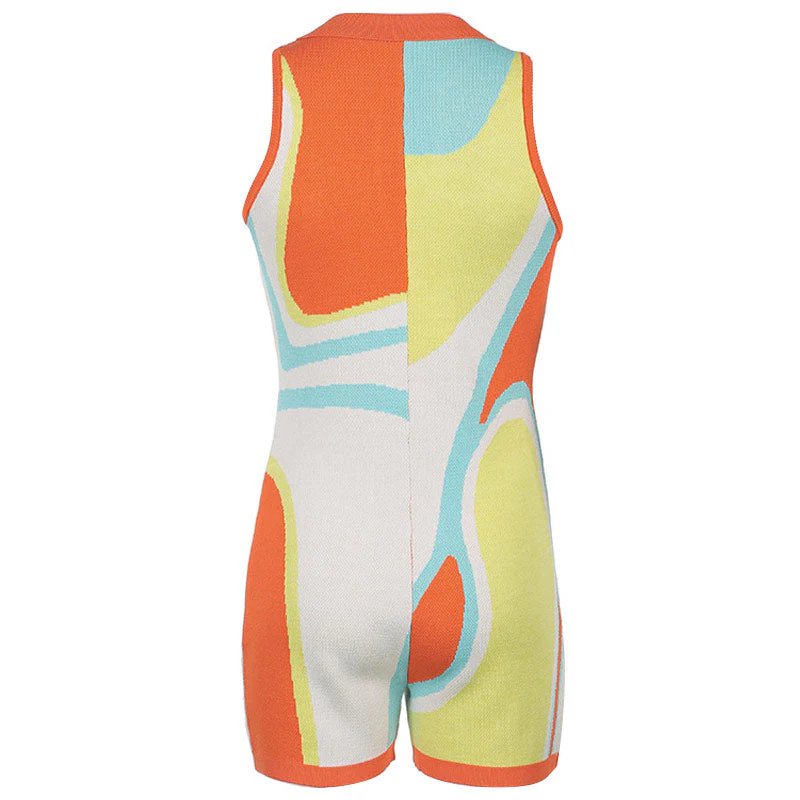 Vibrant Color Block Button Down Collared V Neck Knit Romper - Multicolor - Image 4
