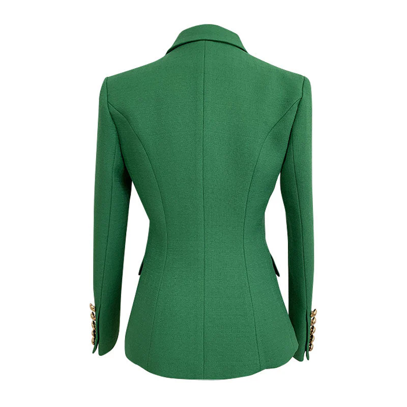 Vibrant Gold Button Detail Double Breasted Peak Lapel Tailored Linen Blazer - Image 2