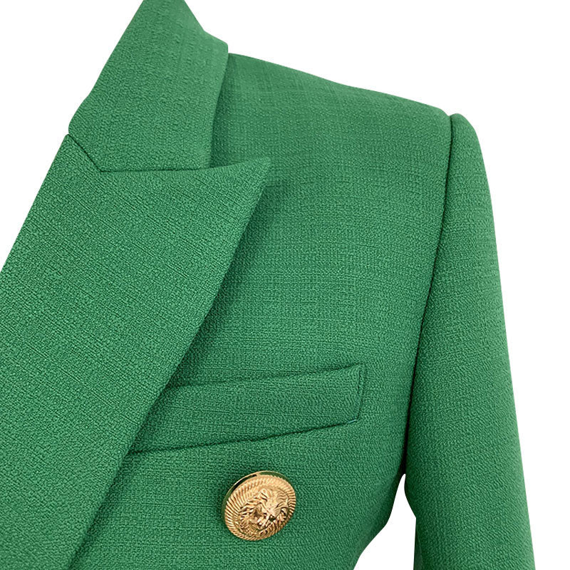 Vibrant Gold Button Detail Double Breasted Peak Lapel Tailored Linen Blazer - Image 3