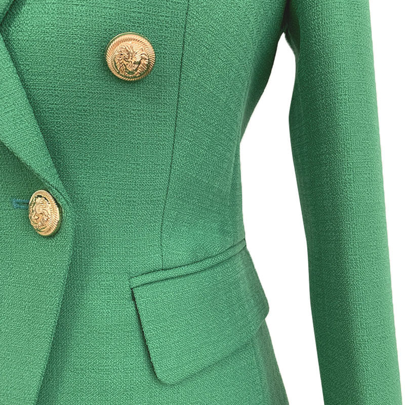 Vibrant Gold Button Detail Double Breasted Peak Lapel Tailored Linen Blazer - Image 4