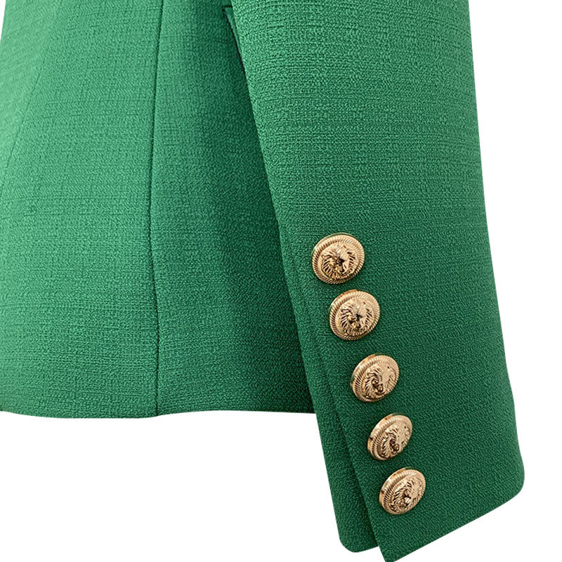 Vibrant Gold Button Detail Double Breasted Peak Lapel Tailored Linen Blazer - Image 5