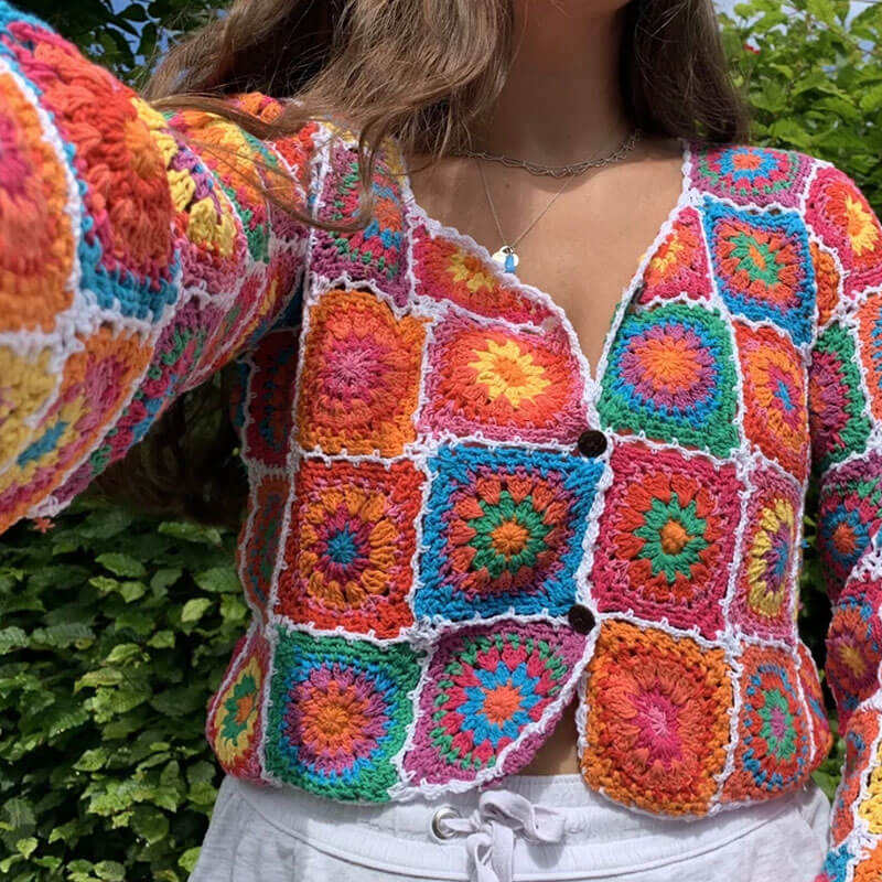 Vibrant Scalloped Button Down Floral Granny Square Crochet Knit Cardigan - Multicolor - Image 2