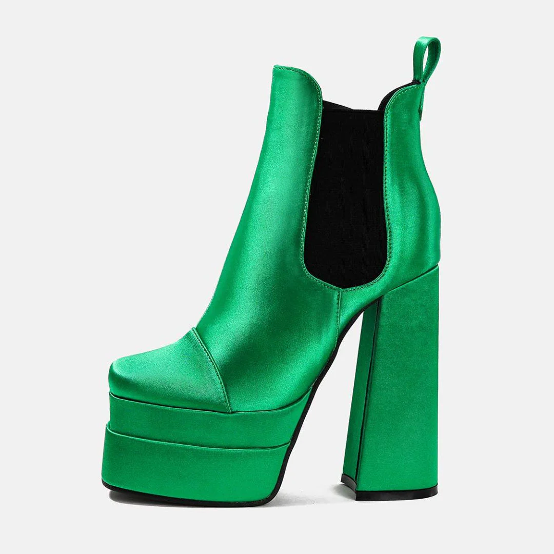 Vibrant Square Toe Chunky High Heel Platform Ankle Boots - Green - Image 3