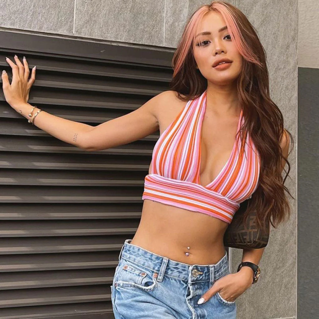 Vibrant Striped Print Halter Neck Tie Back Knitted Crop Top - Orange - Image 2