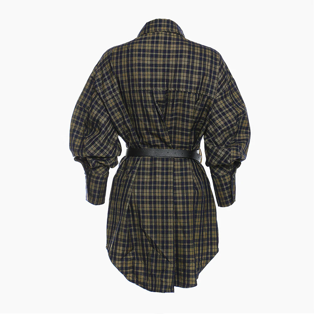 Victorian Collared Button Down Drop Shoulder Longline Belted Plaid Shirt - Image 2