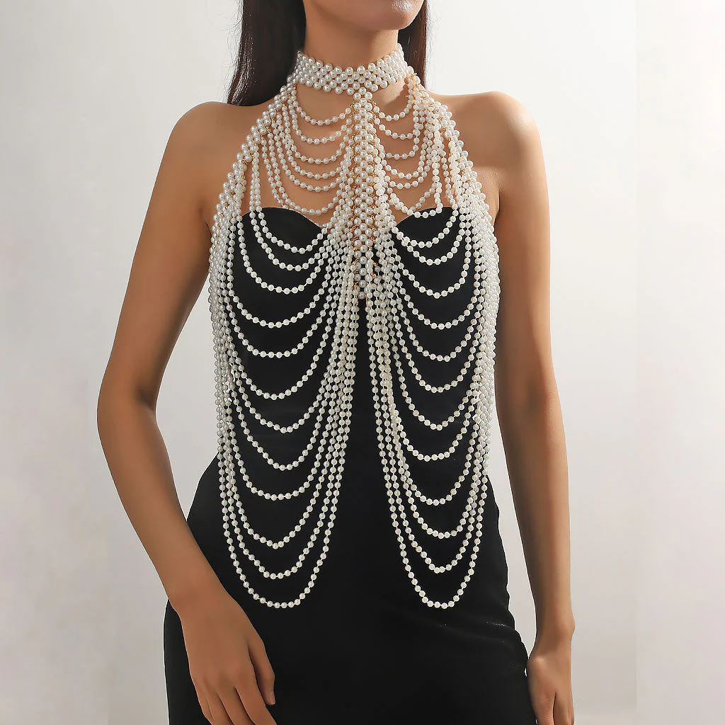 VICTORIAN FANTASIA Metallic Layered Imitation Pearl Choker Body Chain - Image 2
