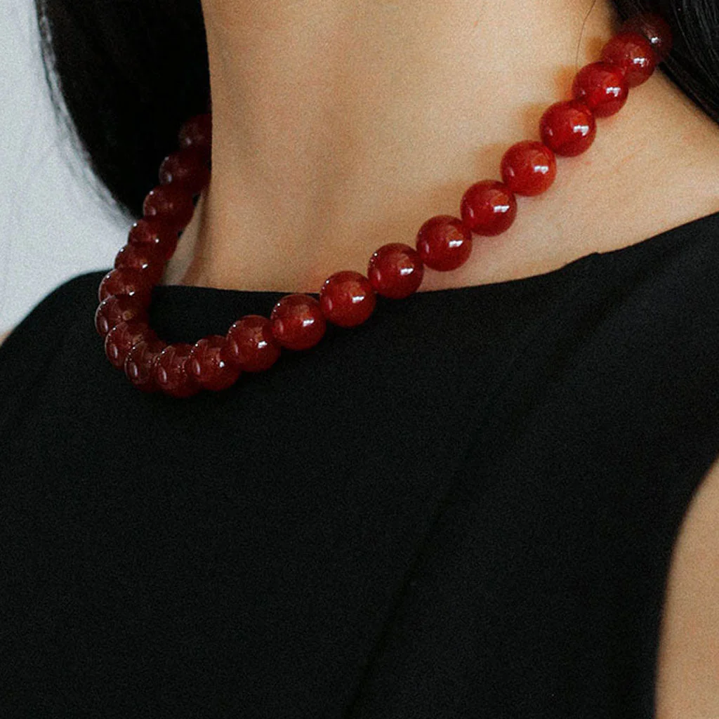 Vintage 18K Gold Plated Big Red Onyx Round Bead Choker NeckLace - Image 2