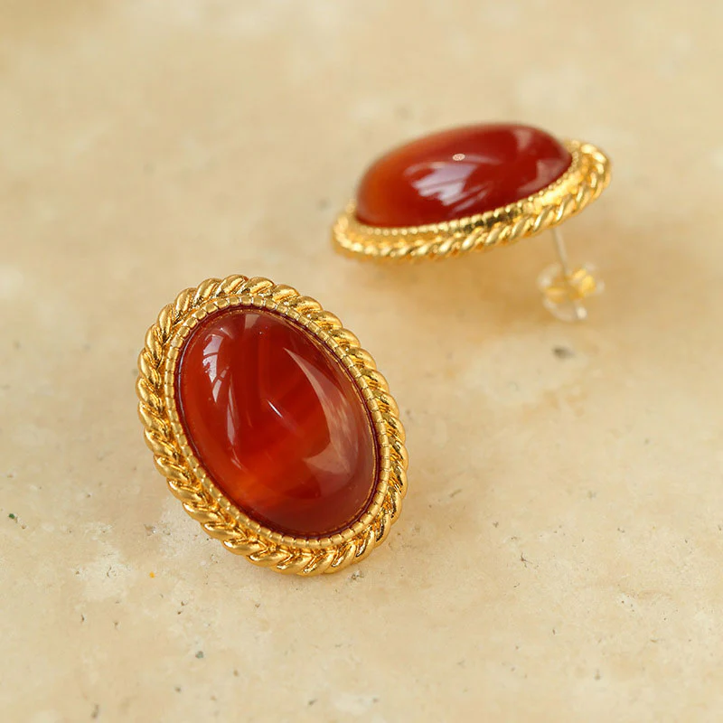 Vintage 18K Gold Plated Red Onyx Sterling Silver Twist Stud Earrings - Image 4