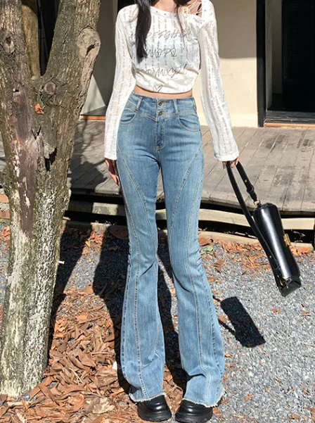 Vintage '90s Seamed Trim Mid Waist Skinny Flare Jeans - Blue - Image 2