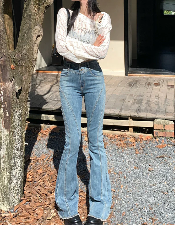 Vintage '90s Seamed Trim Mid Waist Skinny Flare Jeans - Blue - Image 3