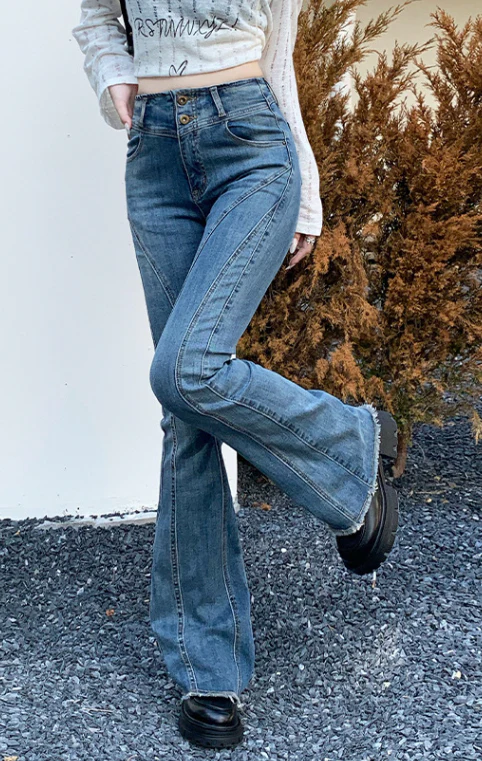 Vintage '90s Seamed Trim Mid Waist Skinny Flare Jeans - Blue - Image 4