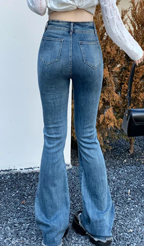 Vintage '90s Seamed Trim Mid Waist Skinny Flare Jeans - Blue - Image 5