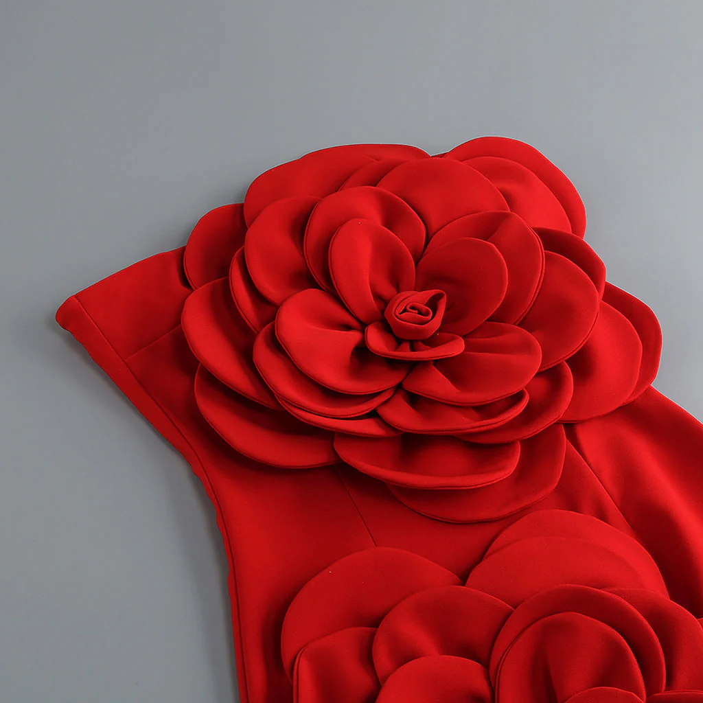 Vintage Big Rose Detailed Gloved Bodycon Party Strapless Crepe Mini Dress - Image 4