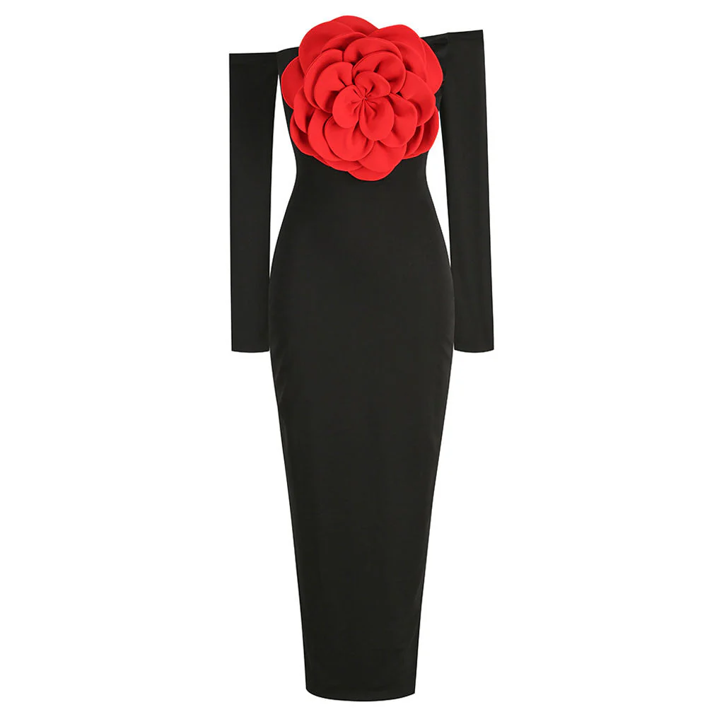 Vintage Big Rose Detailed Off The Shoulder Long Sleeve Formal Maxi Jersey Dress - Image 2