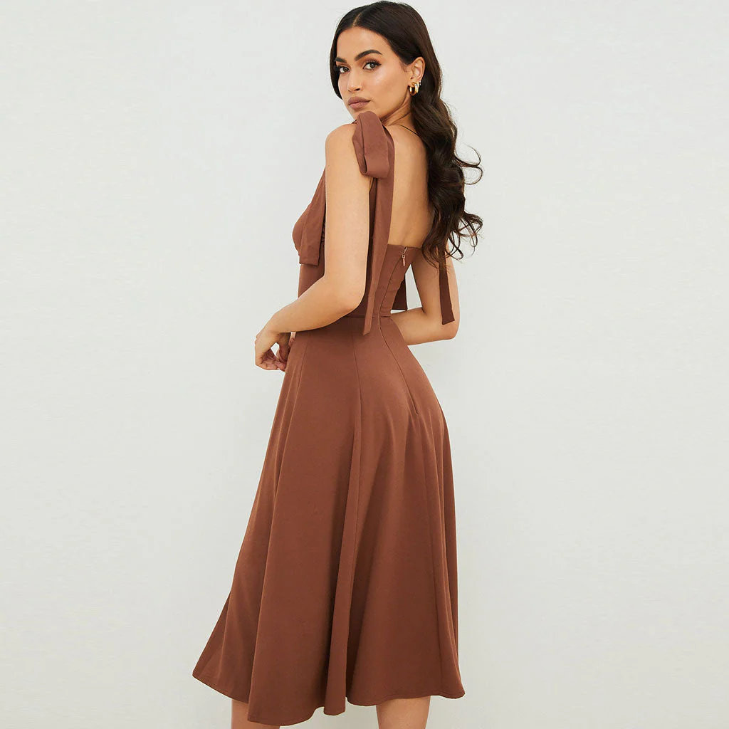 Vintage Bow Tie Fit & Flare High Slit Midi SunDress - Coffee - Image 2