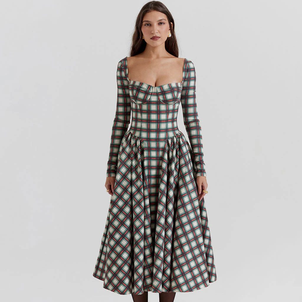 Vintage Bustier Tartan Pattern Pleated Winter Long Sleeve Midi Dress - Image 2