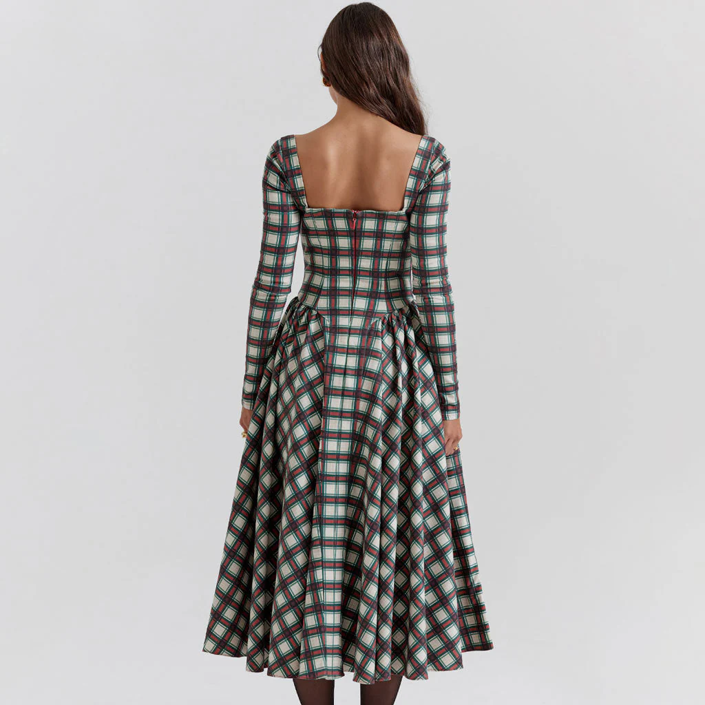 Vintage Bustier Tartan Pattern Pleated Winter Long Sleeve Midi Dress - Image 3