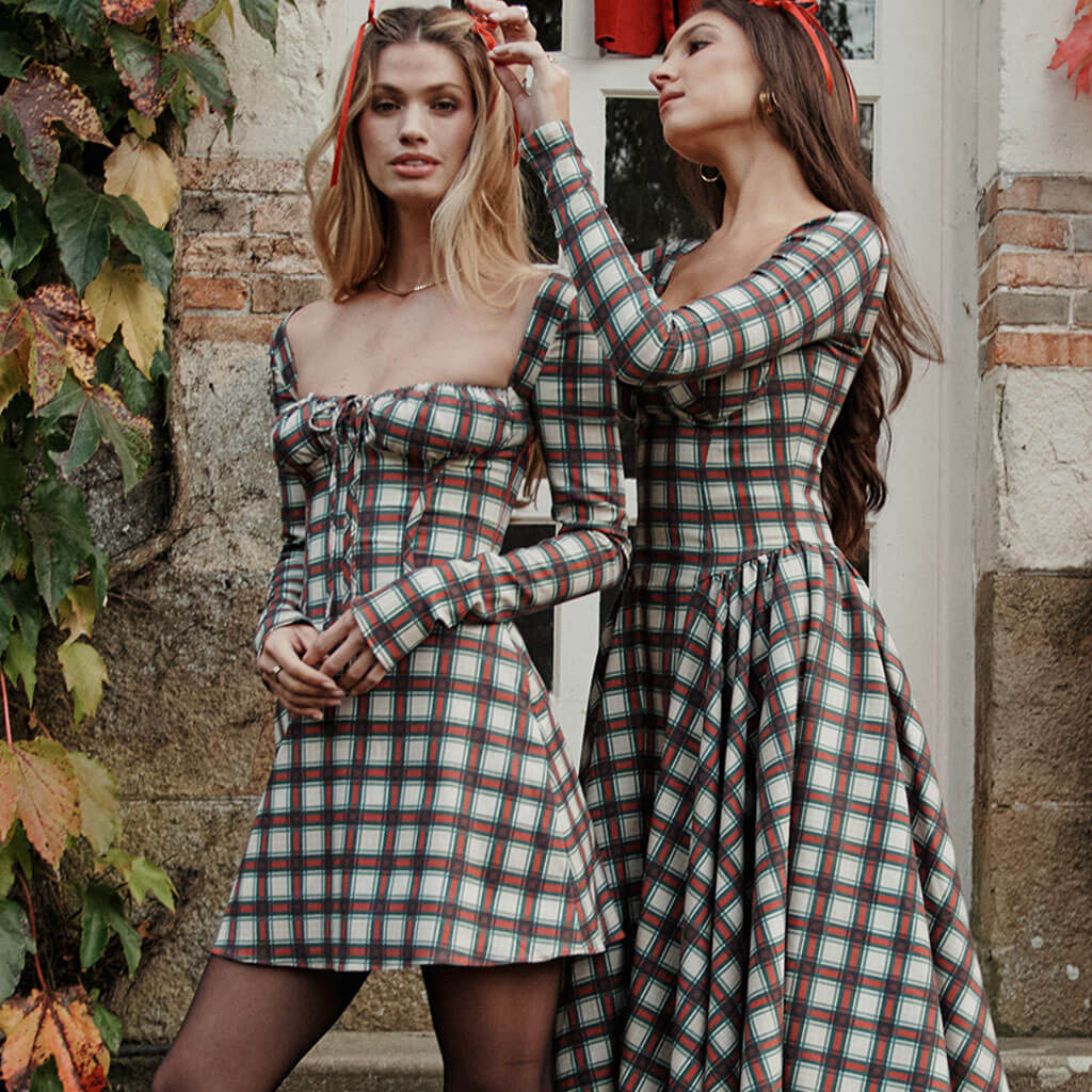 Vintage Bustier Tartan Pattern Pleated Winter Long Sleeve Midi Dress - Image 4