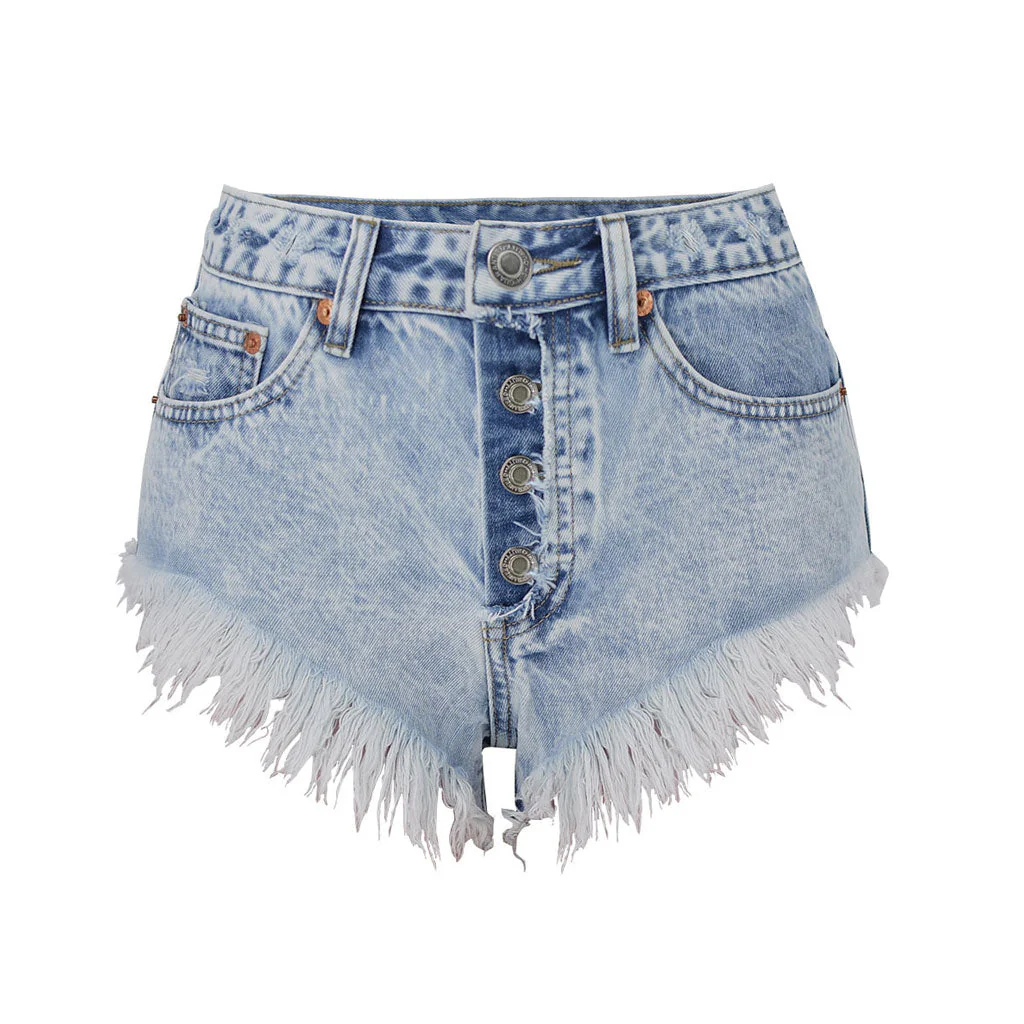 Vintage Button Up Mid Rise Frayed Denim Shorts - Light Blue - Image 3