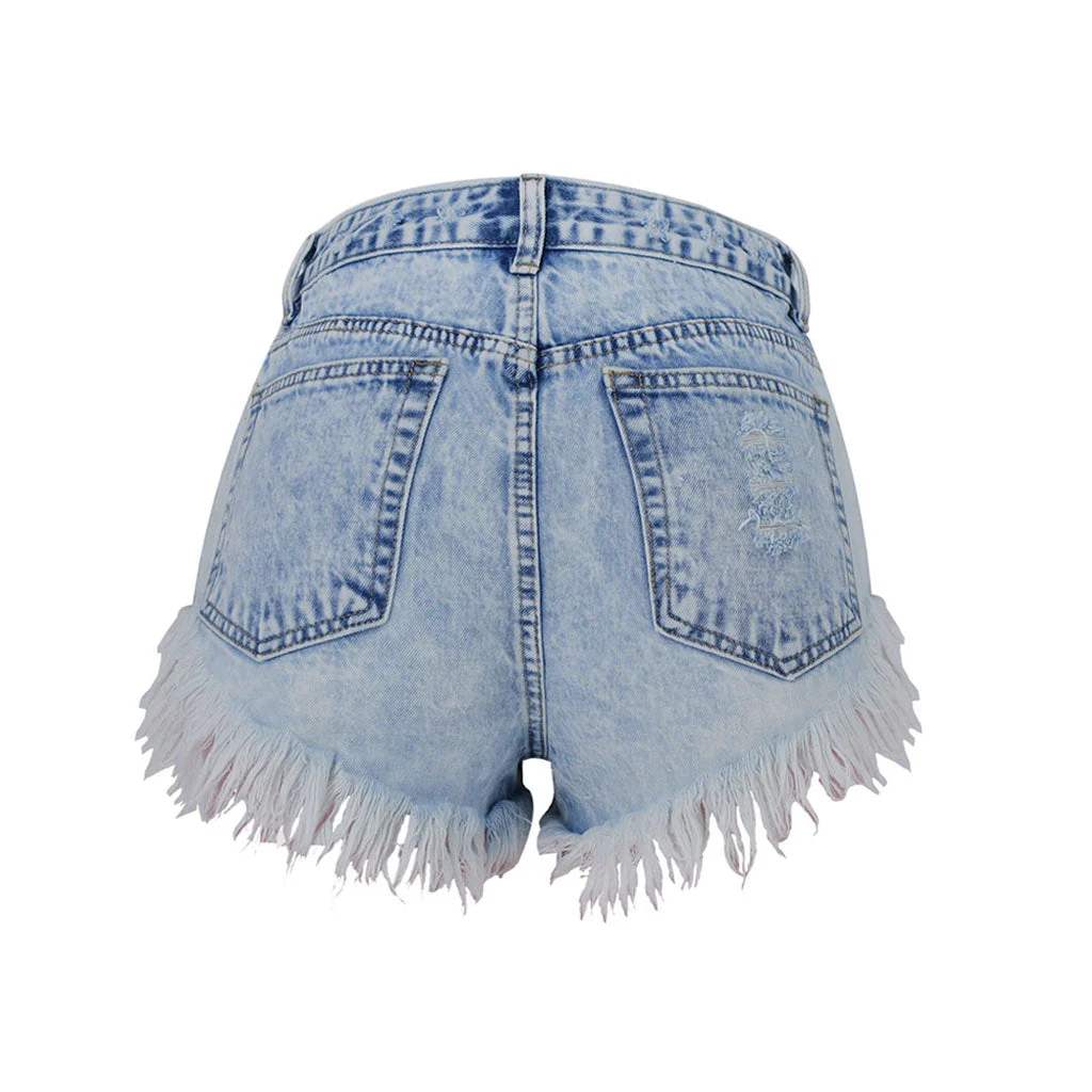 Vintage Button Up Mid Rise Frayed Denim Shorts - Light Blue - Image 4
