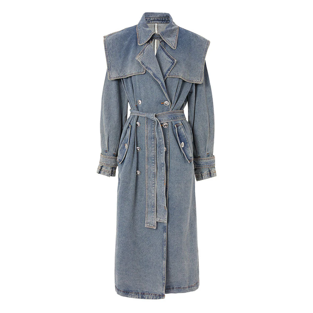 Vintage Buttoned Collar Belted Double Breasted Worn In Effect Denim Trench Coat - Image 5