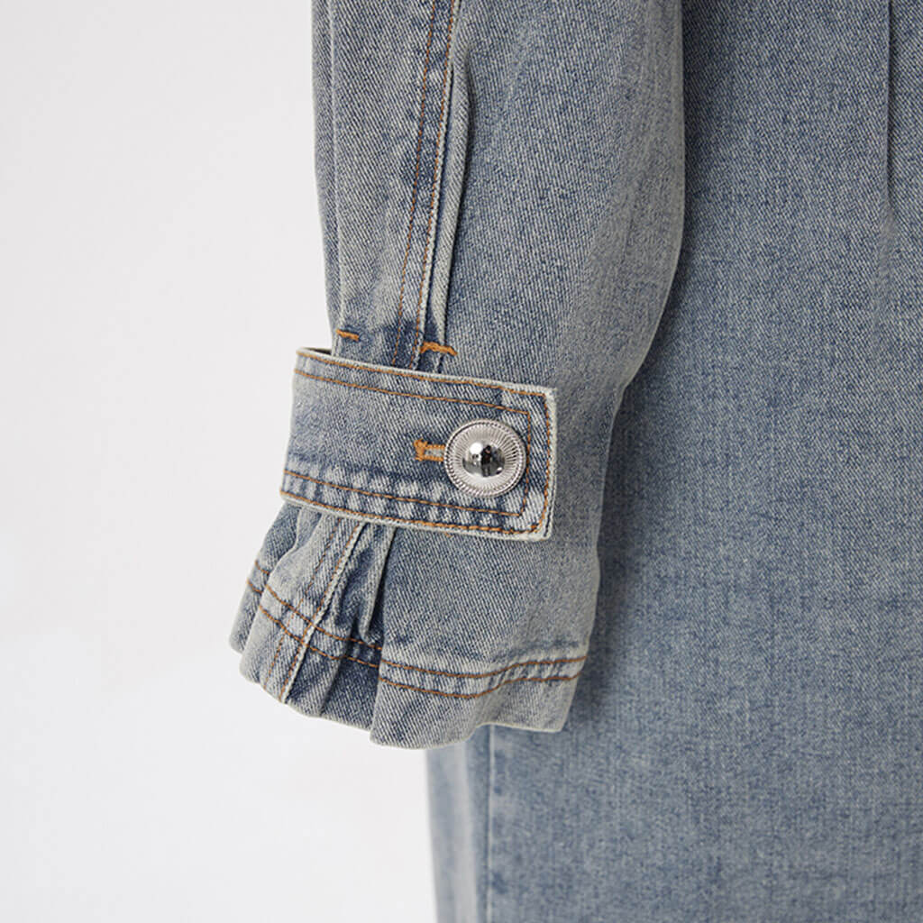 Vintage Buttoned Collar Belted Double Breasted Worn In Effect Denim Trench Coat - Image 9