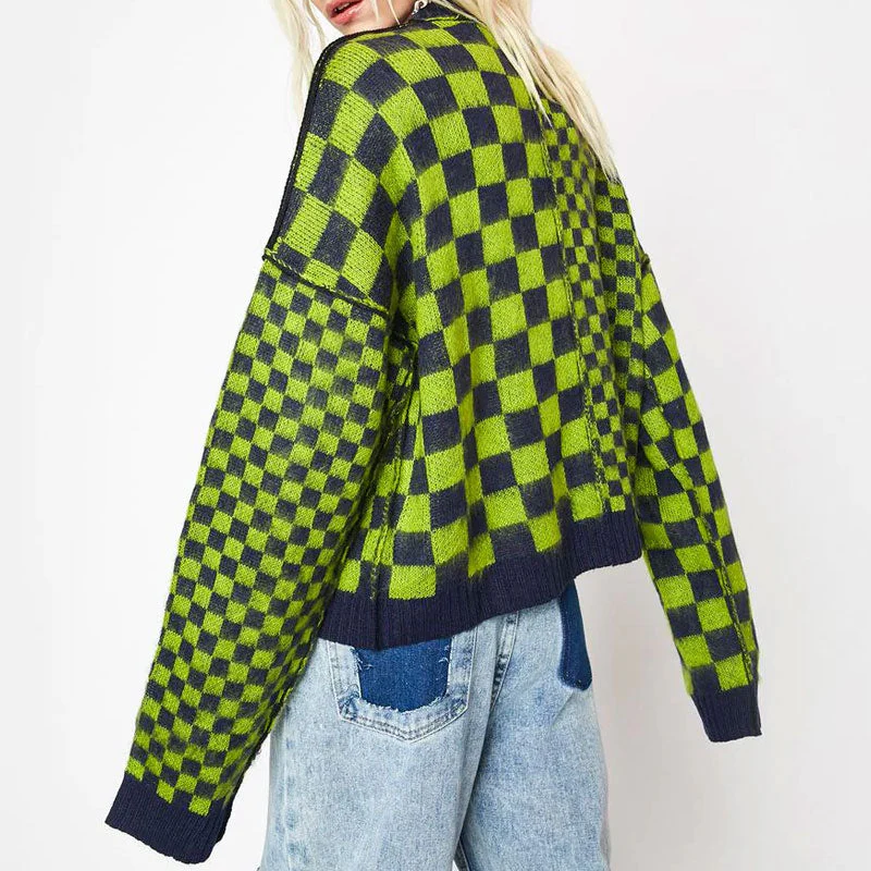 Vintage Checkered Pattern Long Sleeve Knitted Crop Sweater - Green - Image 4