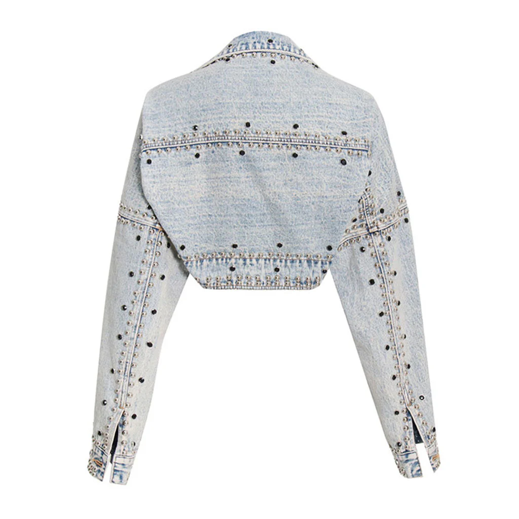 Vintage Collared Drop Shoulder Long Sleeve Stud Embellished Denim Bolero Jacket - Image 2