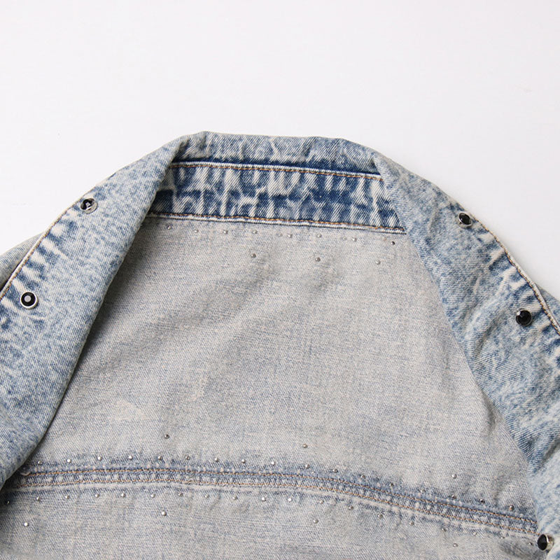 Vintage Collared Drop Shoulder Long Sleeve Stud Embellished Denim Bolero Jacket - Image 3