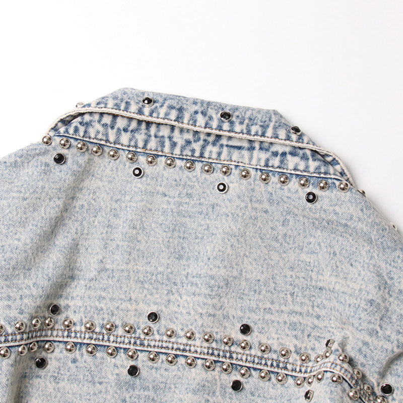 Vintage Collared Drop Shoulder Long Sleeve Stud Embellished Denim Bolero Jacket - Image 4