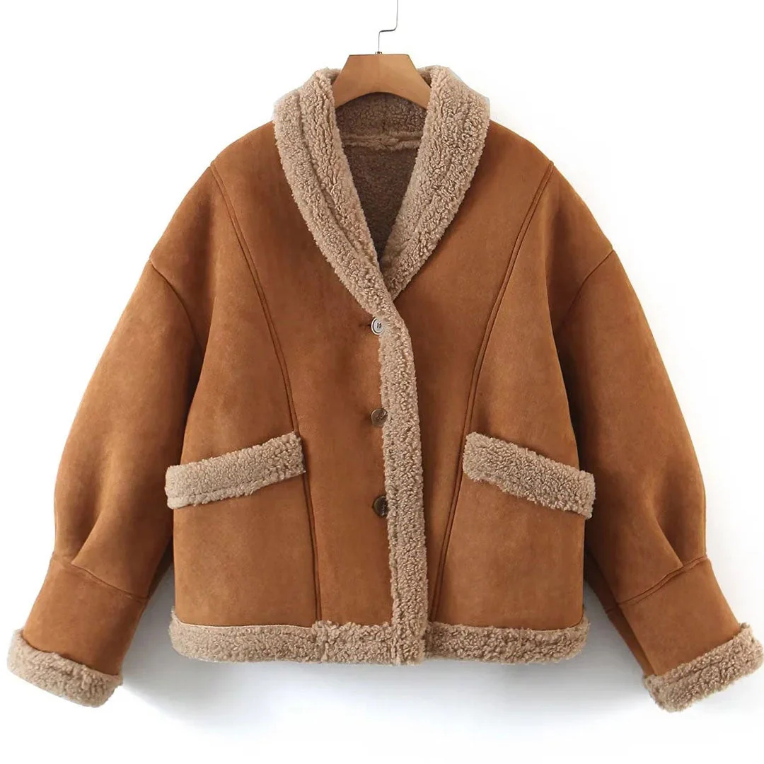 Vintage Collared Patch Pocket Long Sleeve Faux Shearling Jacket - Brown - Image 4